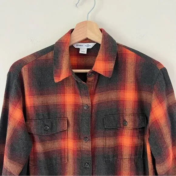 Taylor Swift Evermore Flannel Button Down Shirt Size Small Old Navy Orange Gray - Picture 3 of 9